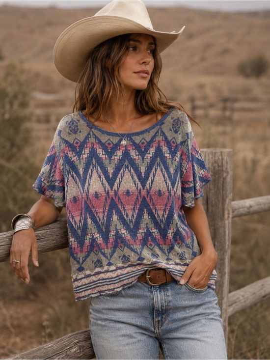 Denim & Supply Ralph Lauren Tops - Denim & Supply Ralph Lauren Cotton Blend Aztec Knit Top Blue Small Boho Festival